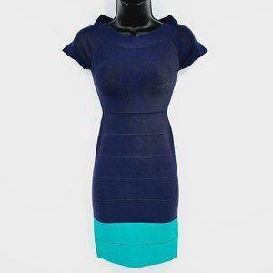 BCBGMaxAzria Kisha Sheath Dress XS Blue Green Off Shoulder Colorblock Zip New